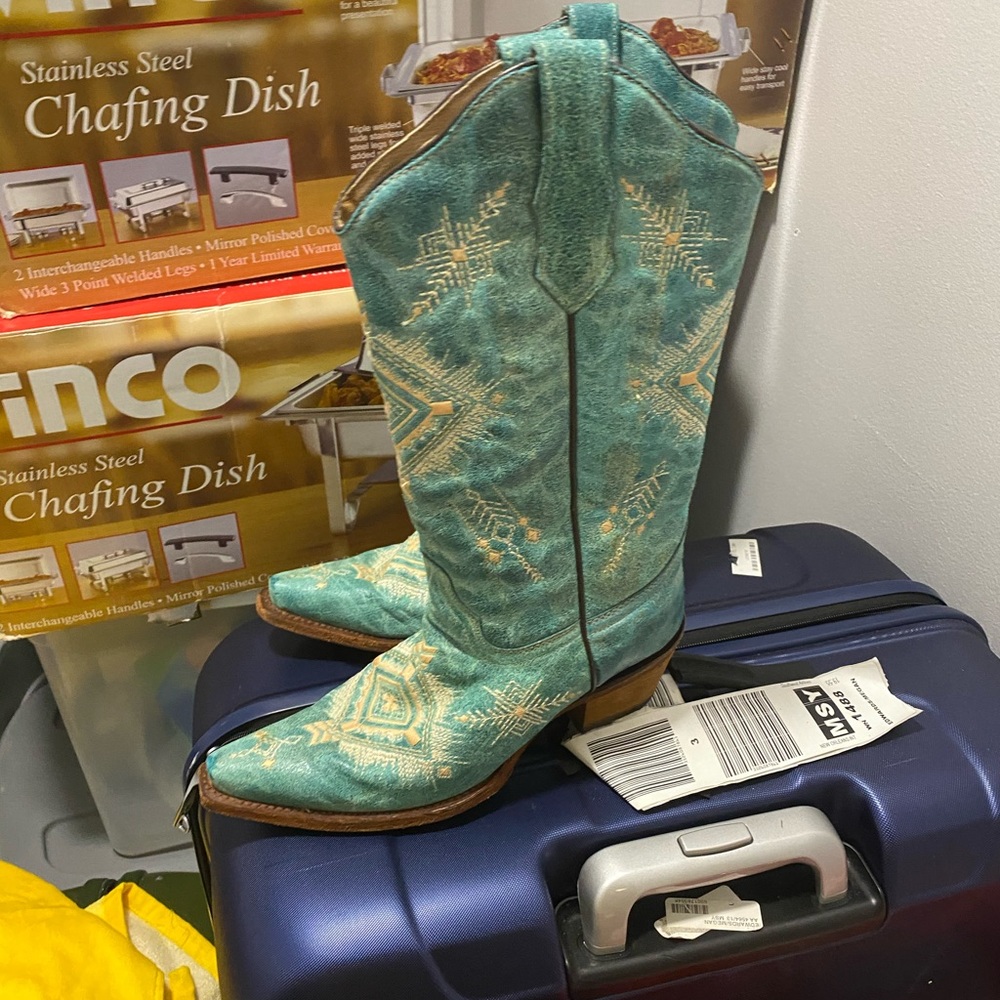 Blue leather boots